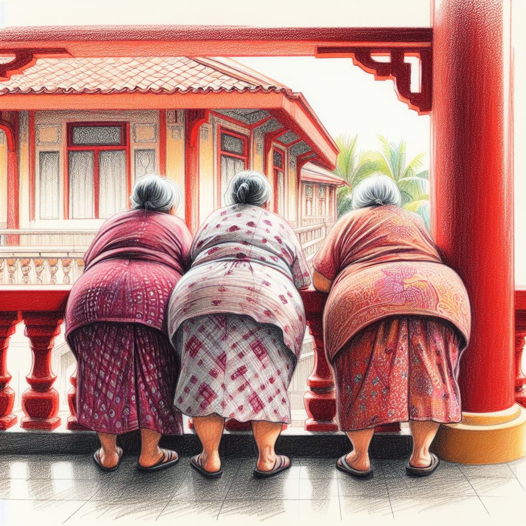 Serene colored pencil sketch of fat old ladies on a red balcony
