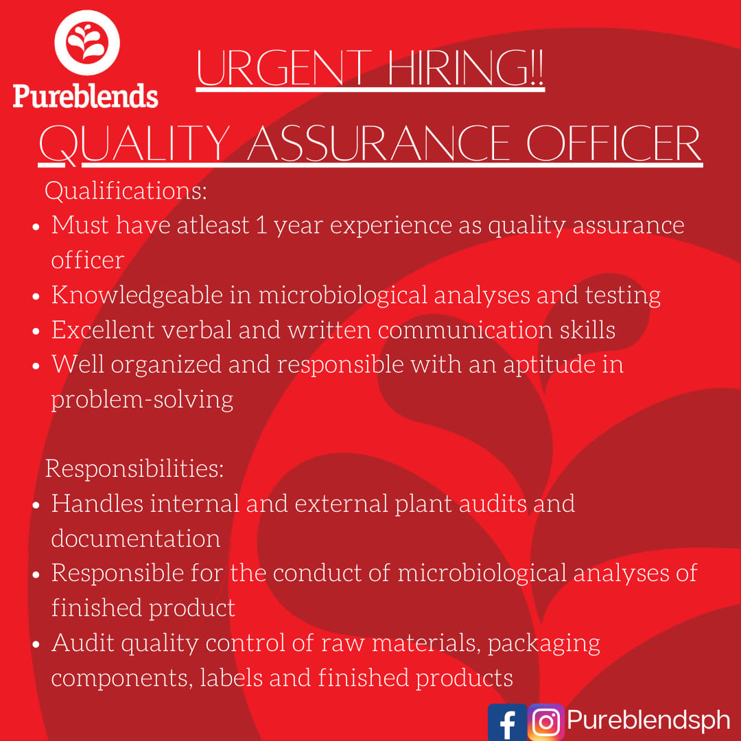 Pureblends - Urgent Hiring!! QUALITY ASSURANCE OFFICER •Must have ...
