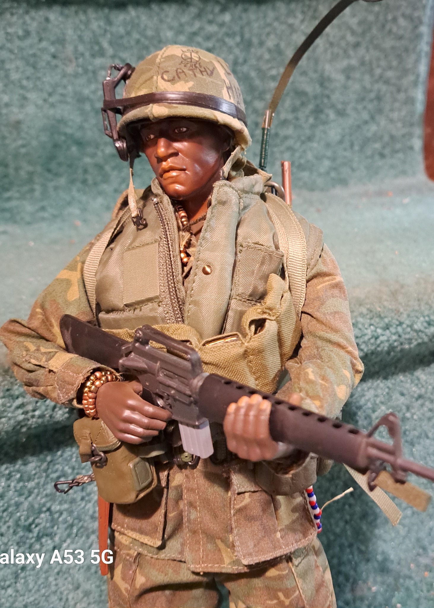 Vietnam war marine helmet graffiti and gear
