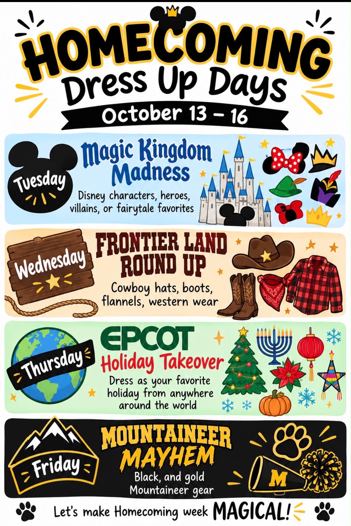disney homecoming dress up days Northwest Elementary School's week (Oct 13-16) easiest disney dress up last minute