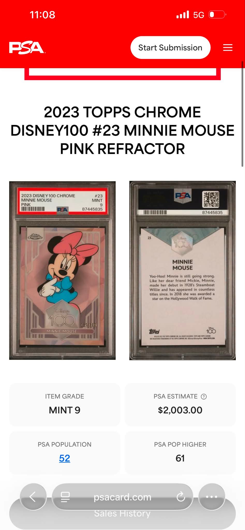 2023 Disney 100 Chrome Minnie Mouse Pink /399 PSA 9 for sale