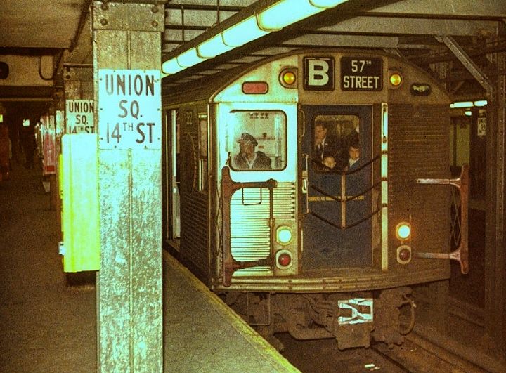 Vintage B train at Union Square in Manhattan