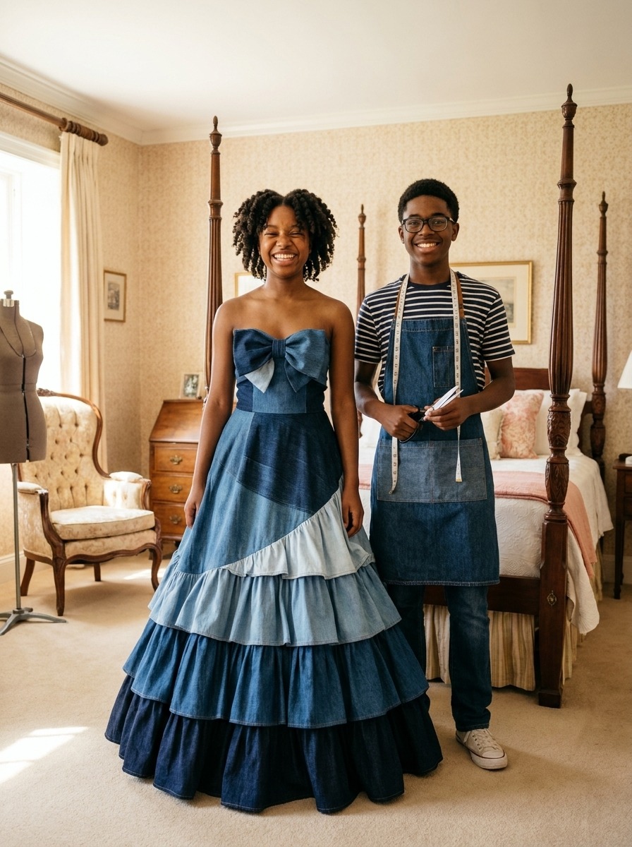 Stepbrother creates prom dress from late mom's jeans