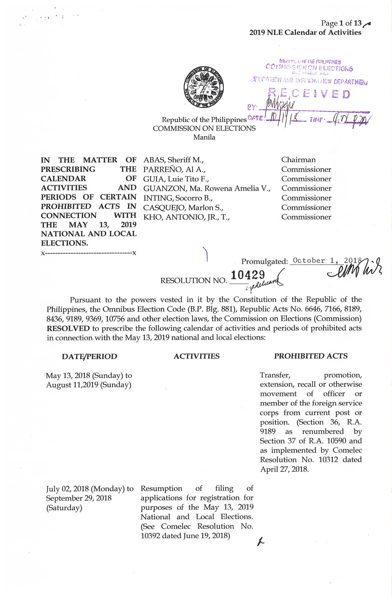 LMP - COMELEC Resolution No. 10429 regarding the Calendar... | Facebook