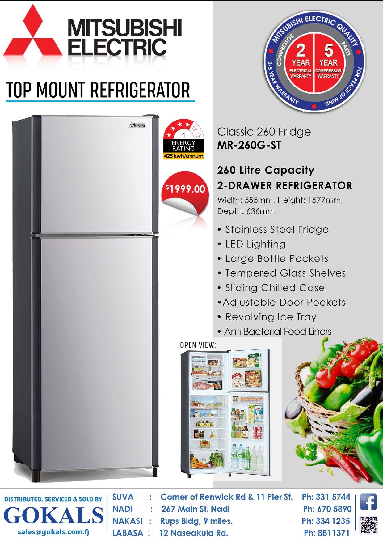 Mitsubishi 260 Litre 2 Door Stainless Steel Fridge