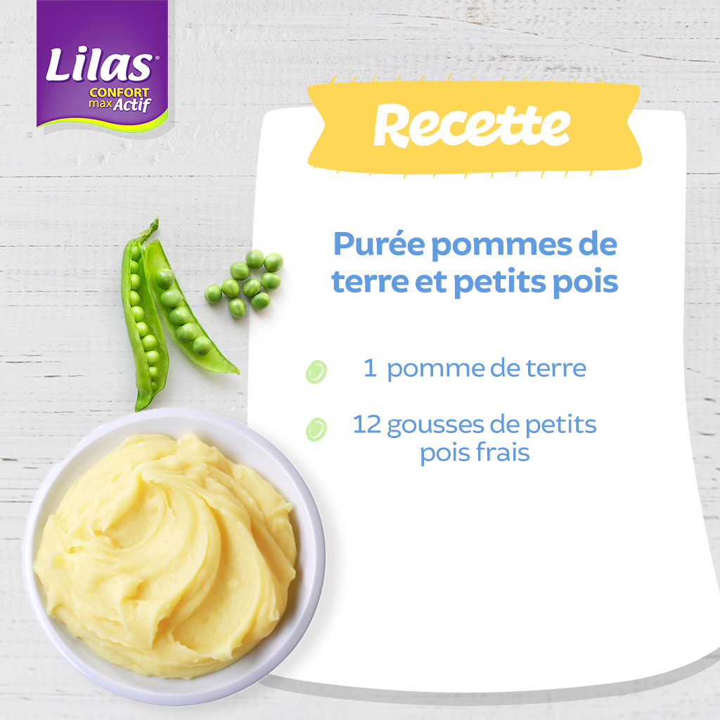 Lilas Bebe Une Puree C Est Toujours Une Bonne Idee Faites Cuire Les Pommes De Terre Coupees En Cubes Et Les Petits Pois Mixez Les Avec Un Peu D Eau Pour Une Texture