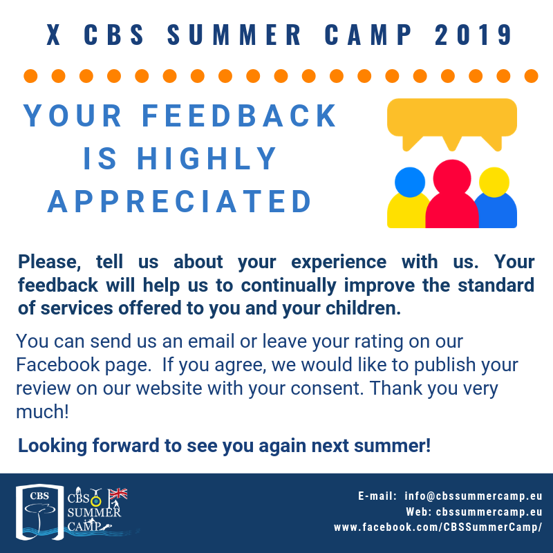 Cbs Summer Camp Campamento De Verano Bilingue Ingles Your Feedback Is Highly Appreciated Please Tell Us About Your Experience With Us Your Feedback Will Help Us To Continually Improve The Standard