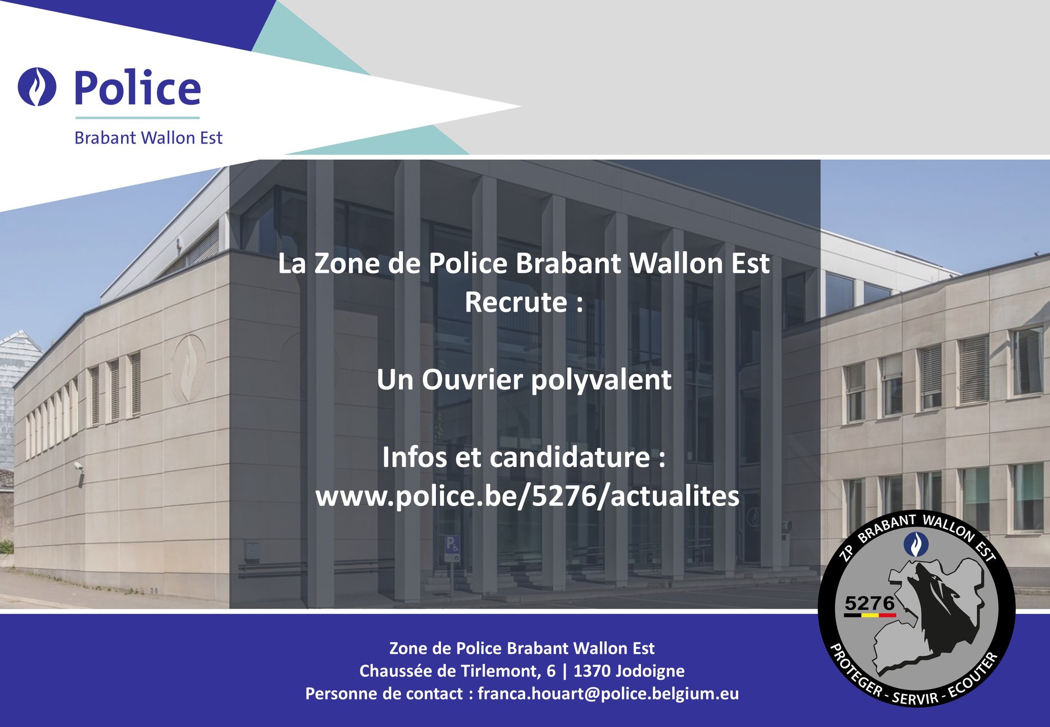 Zone de Police Brabant Wallon Est - 💼 Offre d'emploi - Ouvrier ...