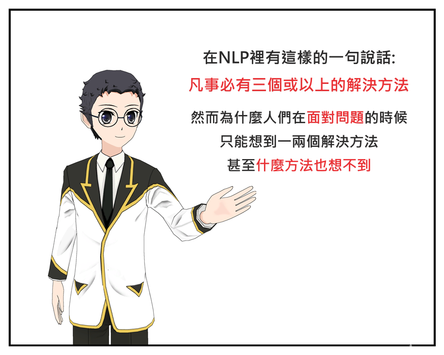 在NLP裡有12個假設前提（如果你不知道什麼是假設前提，你就將它們當作是武功的心法口訣吧），而其中一個是這樣說的：「凡事必有三個或以上的解決 ...