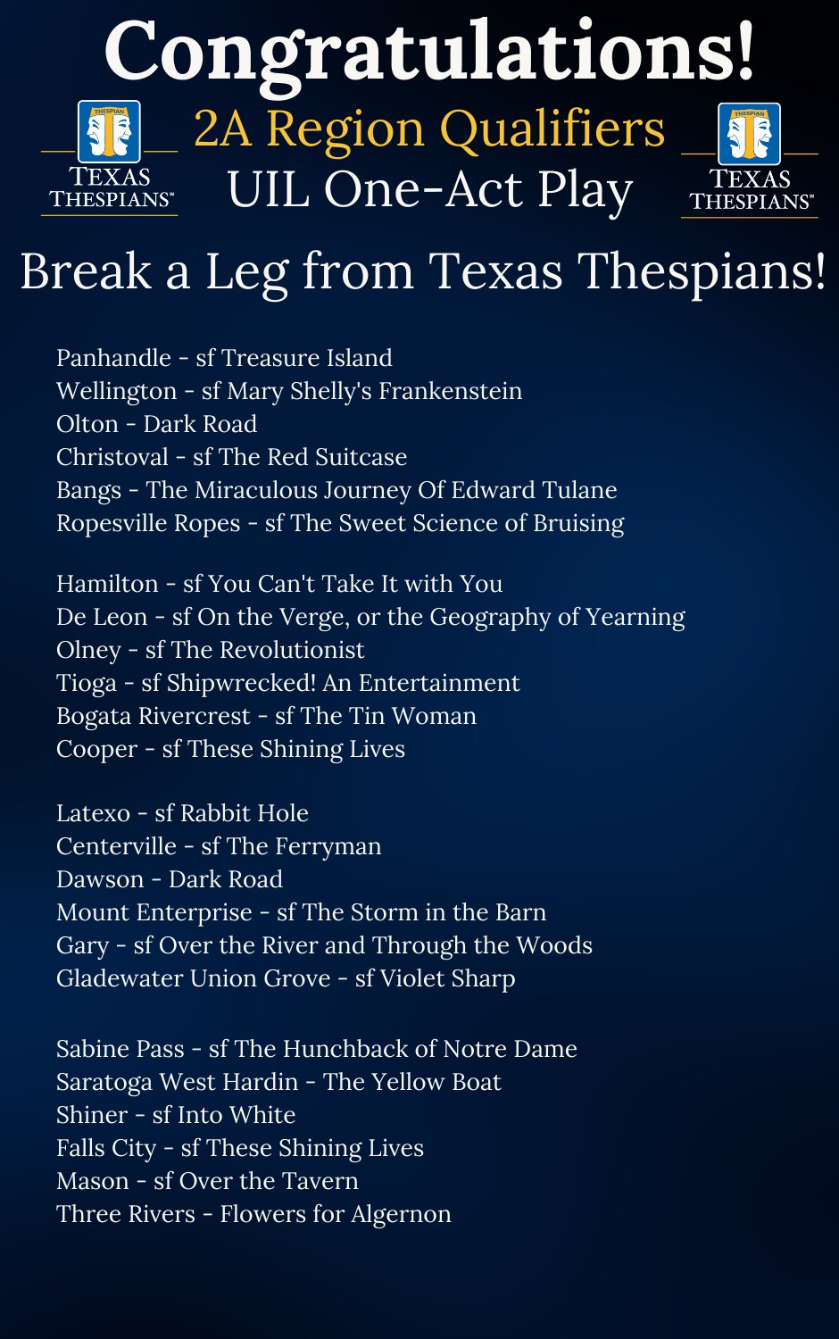 Texas Thespians - Congratulations to the 2023 2A Region... | Facebook