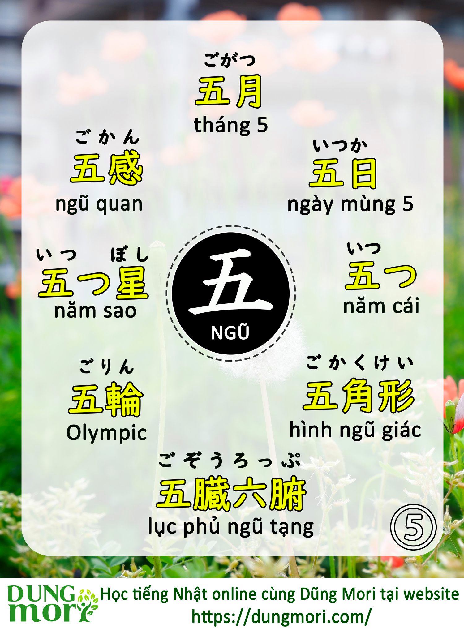 Dũng Mori - Chữ NGŨ (五） Cùng học một số từ vựng liên quan... | Facebook