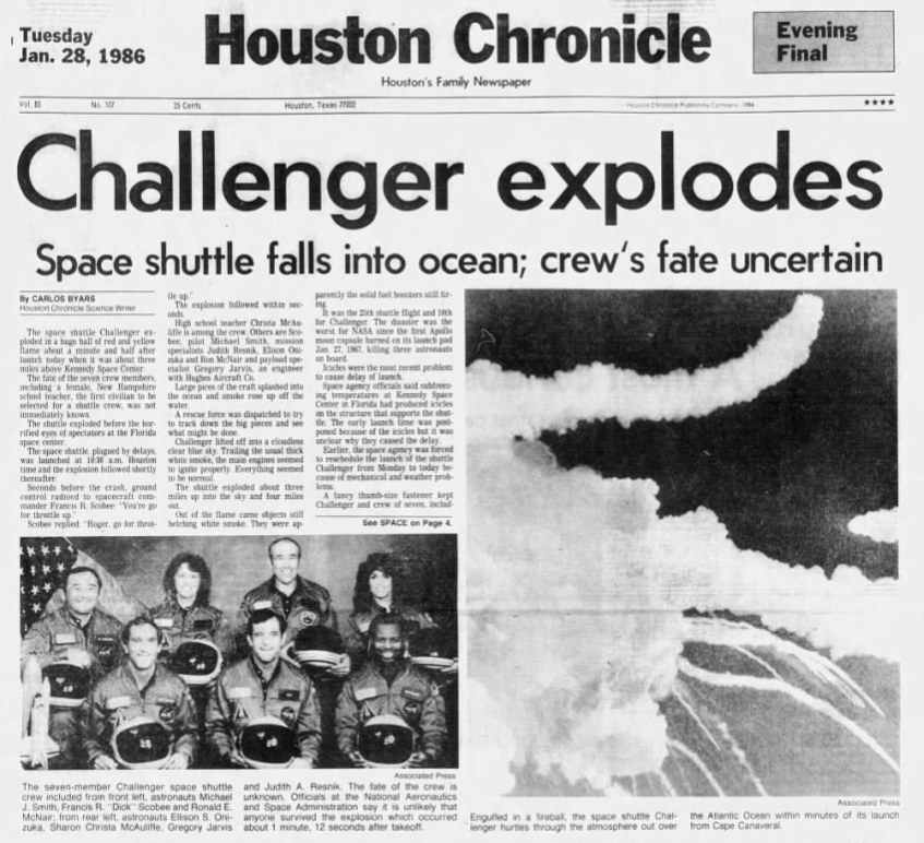 Johnny - Forty years ago today, on January 28, 1986, the space shuttle ...