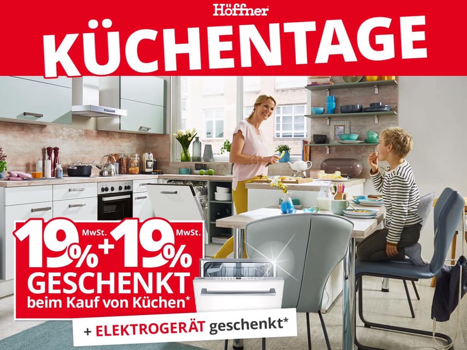 🍽 Küchentage bei Höffner 🍽 DREIFACH FREUDE: Beim Kauf einer Küche im Wert von 4999,-€ erhalten sie ein Elektrogerät im Wert von 699,-€ gratis dazu! Außerdem schenken wir Ihnen beim Kauf von Möbeln