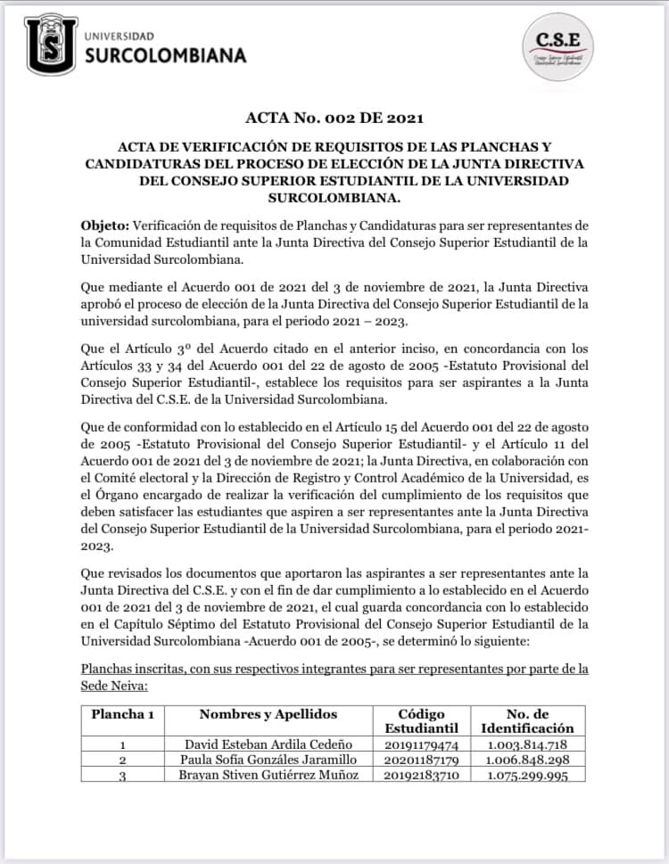 #EleccionesCSE Acta de verificación de requisitos de las planchas y ...