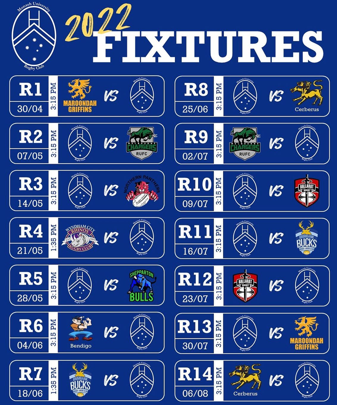 Updated fixtures for our... - Monash University Rugby Club