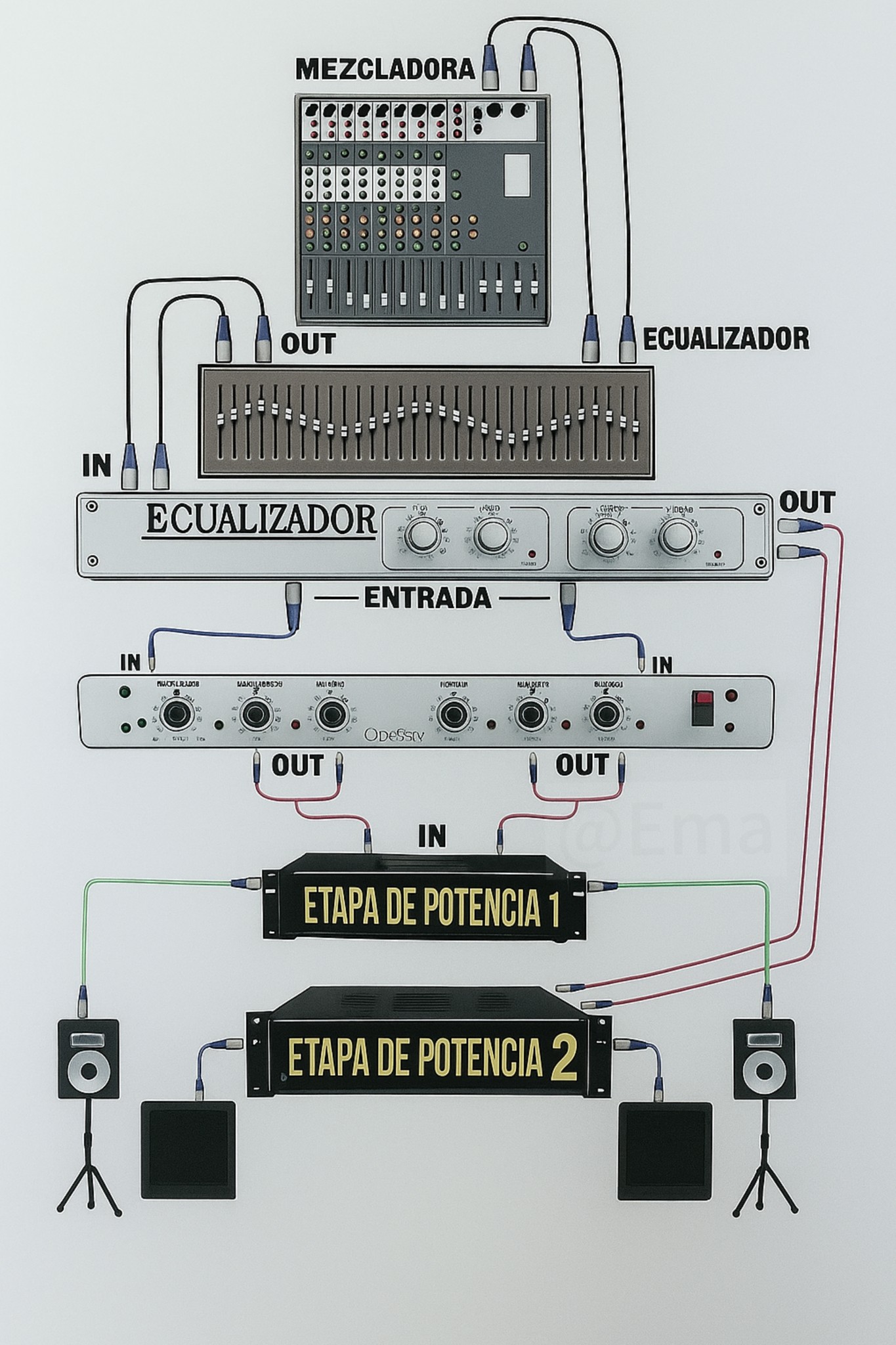 Stereo 3 way sound system setup with mixer and crossover