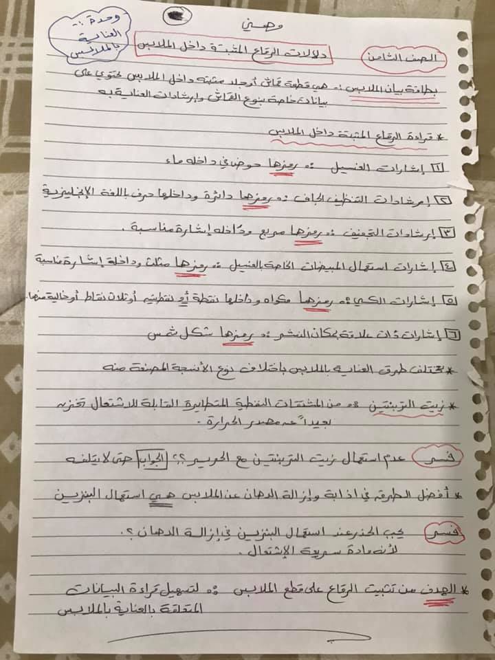 مدرسة الصخرة المشرفة الصف الثامن التربية المهنية وحدة العناية بالملابس درس دلالات الرقاع المثبتة داخل الملابس مس لمى Facebook