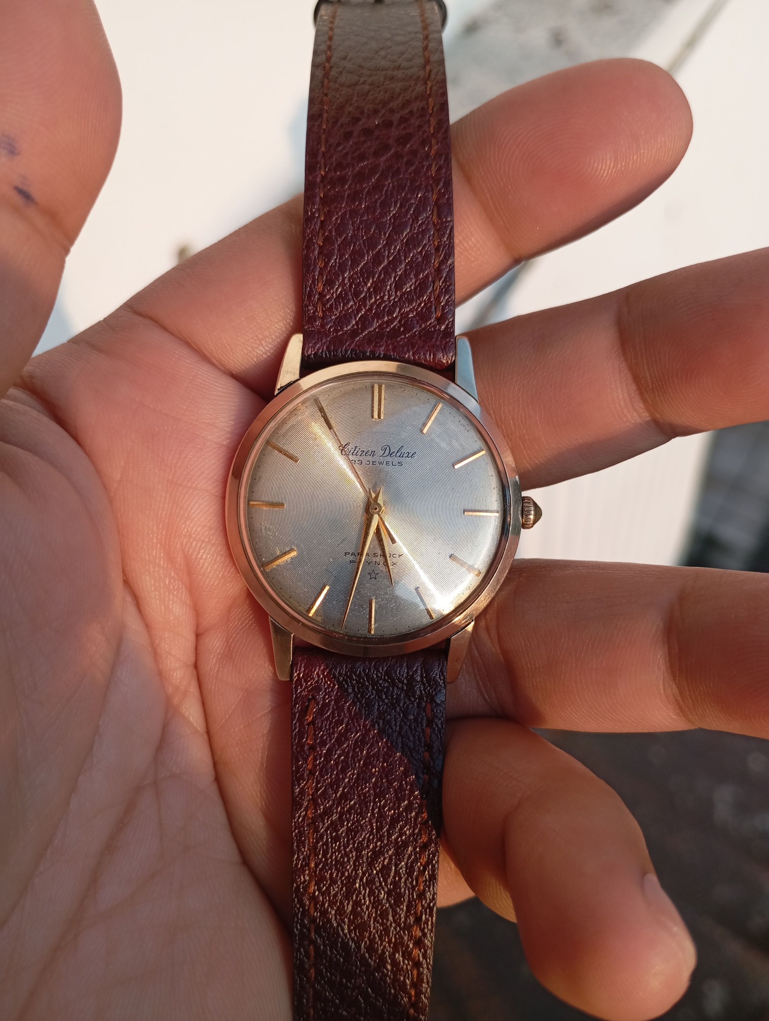 The watch in the image is a vintage Citizen Deluxe, likely from 