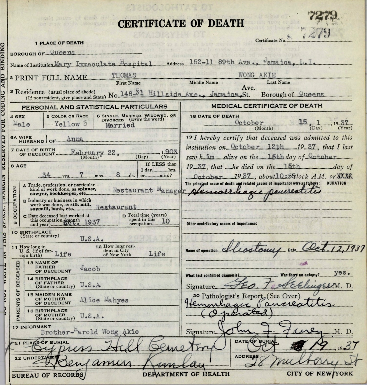EXHIBIT J: 1937 death certificate Thomas Wong Akie NYC Department