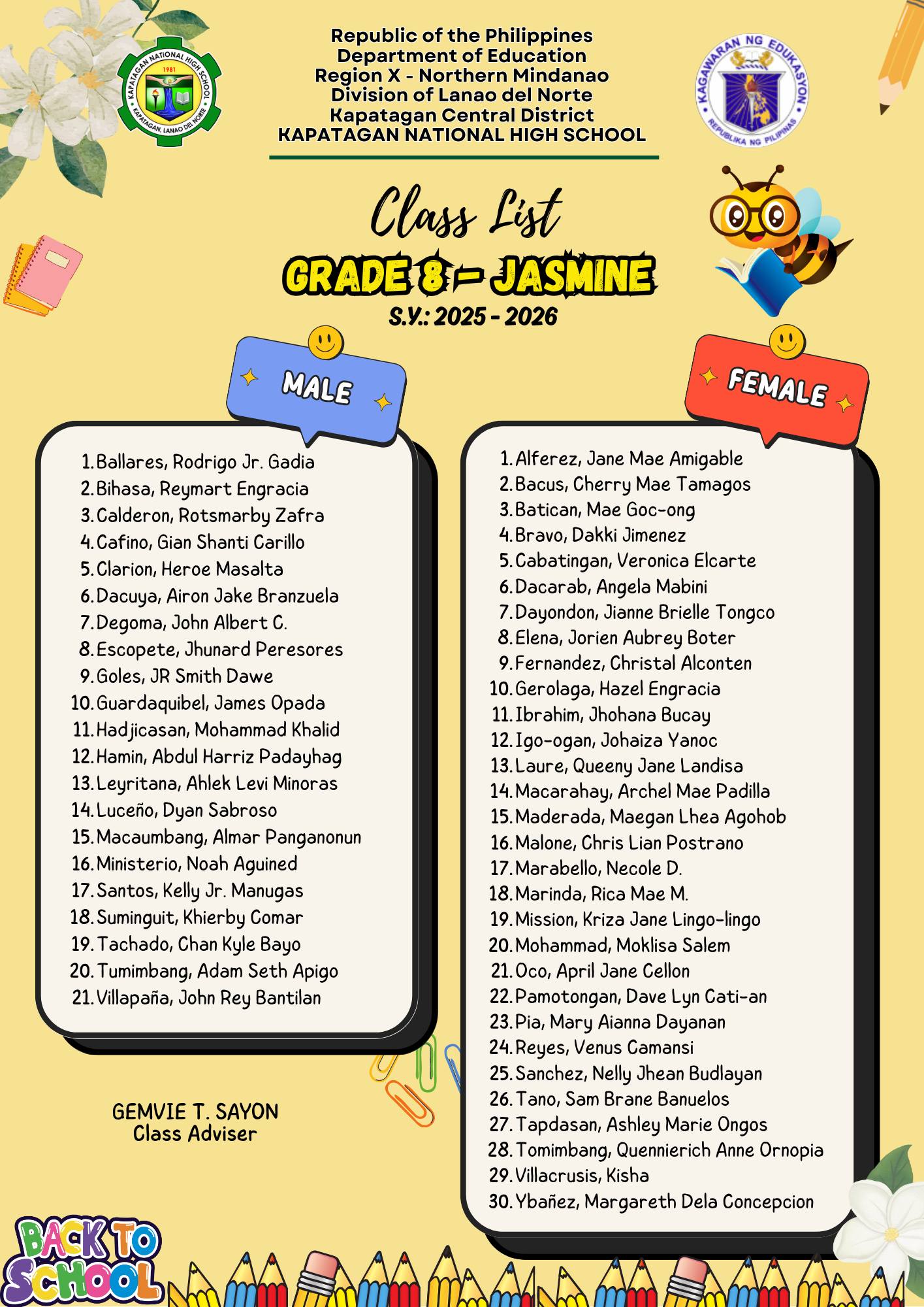 Gemvie - Roll call time! 🛎️ Check out who's in the Grade 8 - Jasmine ...