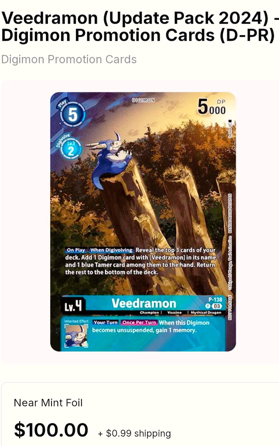 digimon card game veedramon - AD01 - Digimon Generation - - (P) 3 from LV3 Digimon Dimensional Phase Uncommon Veedramon
