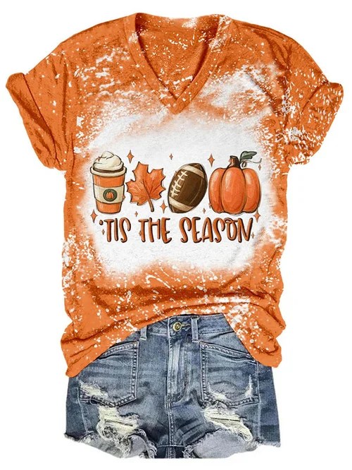 Women's Floral Pumpkin T-Shirt – Sunflower V-Neck Fall Tee – Grateful & Blessed Graphic Casual Top