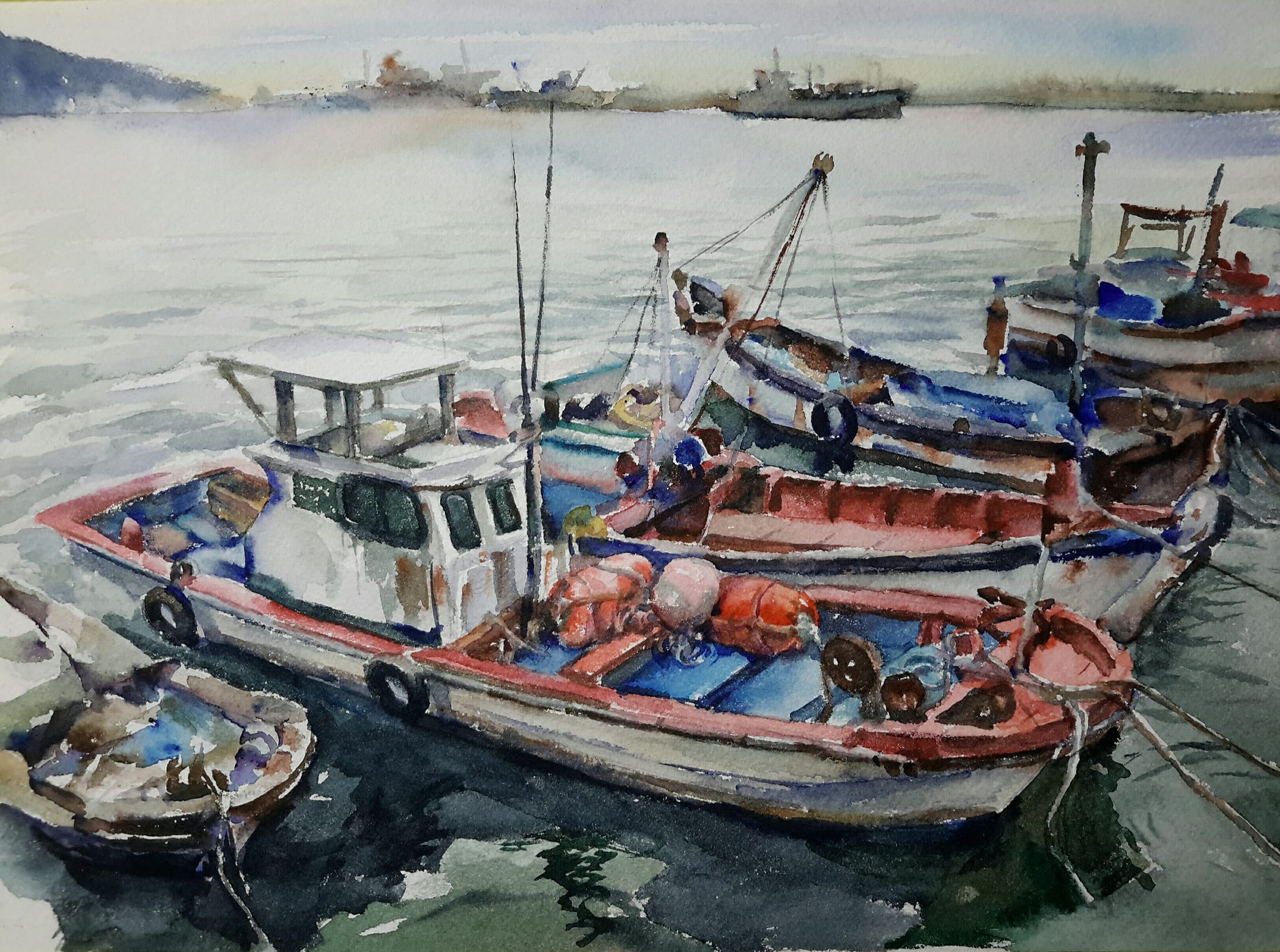 漁村夕照 水彩 36 cm X 51 cm 丙午春 Fishing village at sunset