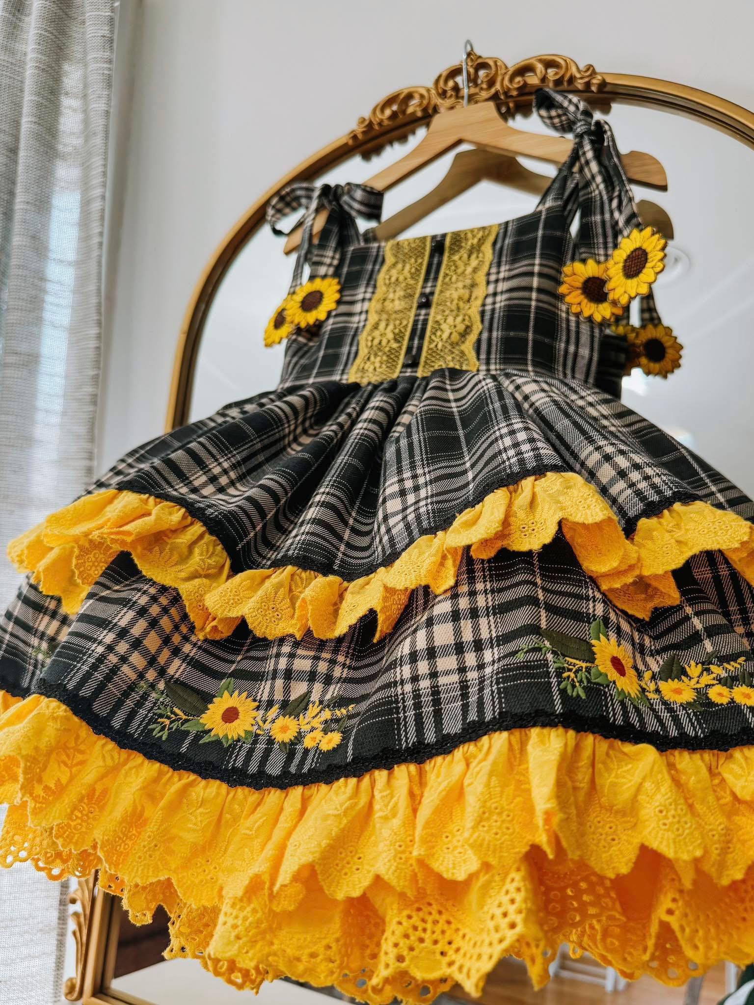 Timeless Black Plaid Dress with Sunflower Embroidery for Fall
