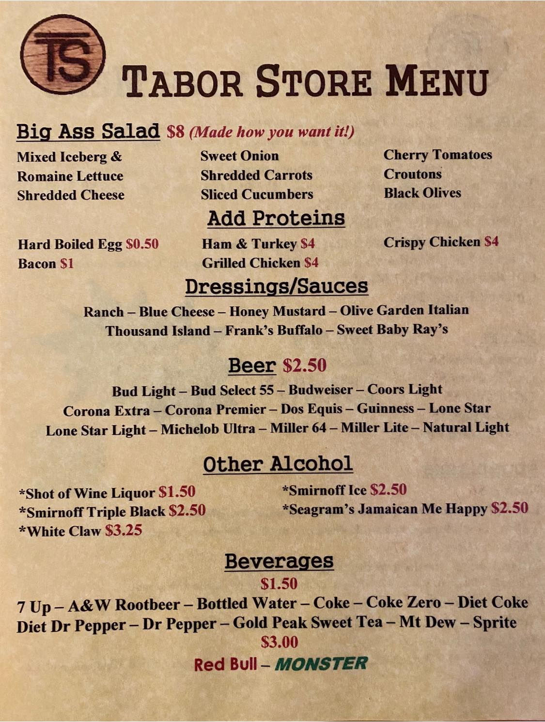 Updated menu with NEW ITEMS!!! Tabor... - The Tabor Store LLC