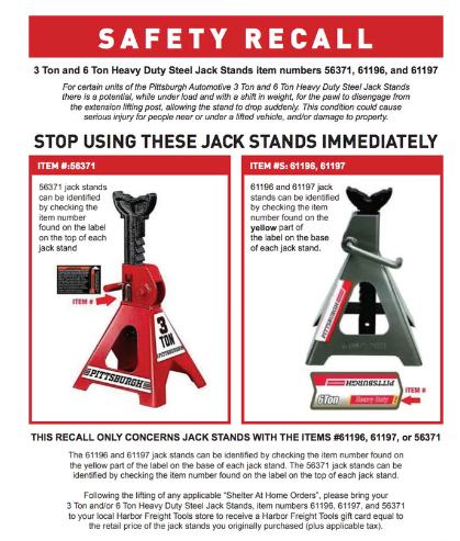 Recall notice- Harbor Freight Jack Stands- Could be fatal-