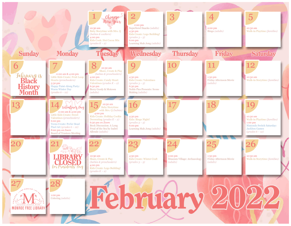 Our printed February Calendars are... - Monroe Free Library