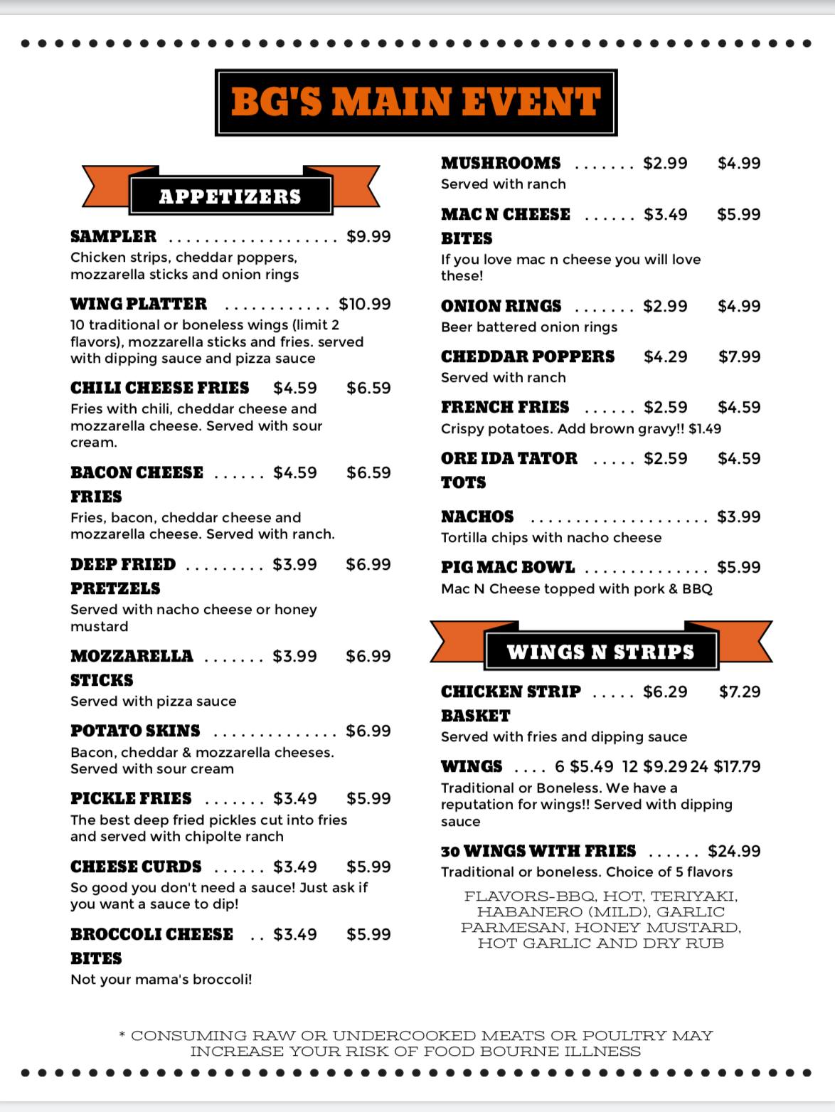 BG's Main Event - Our Menu!