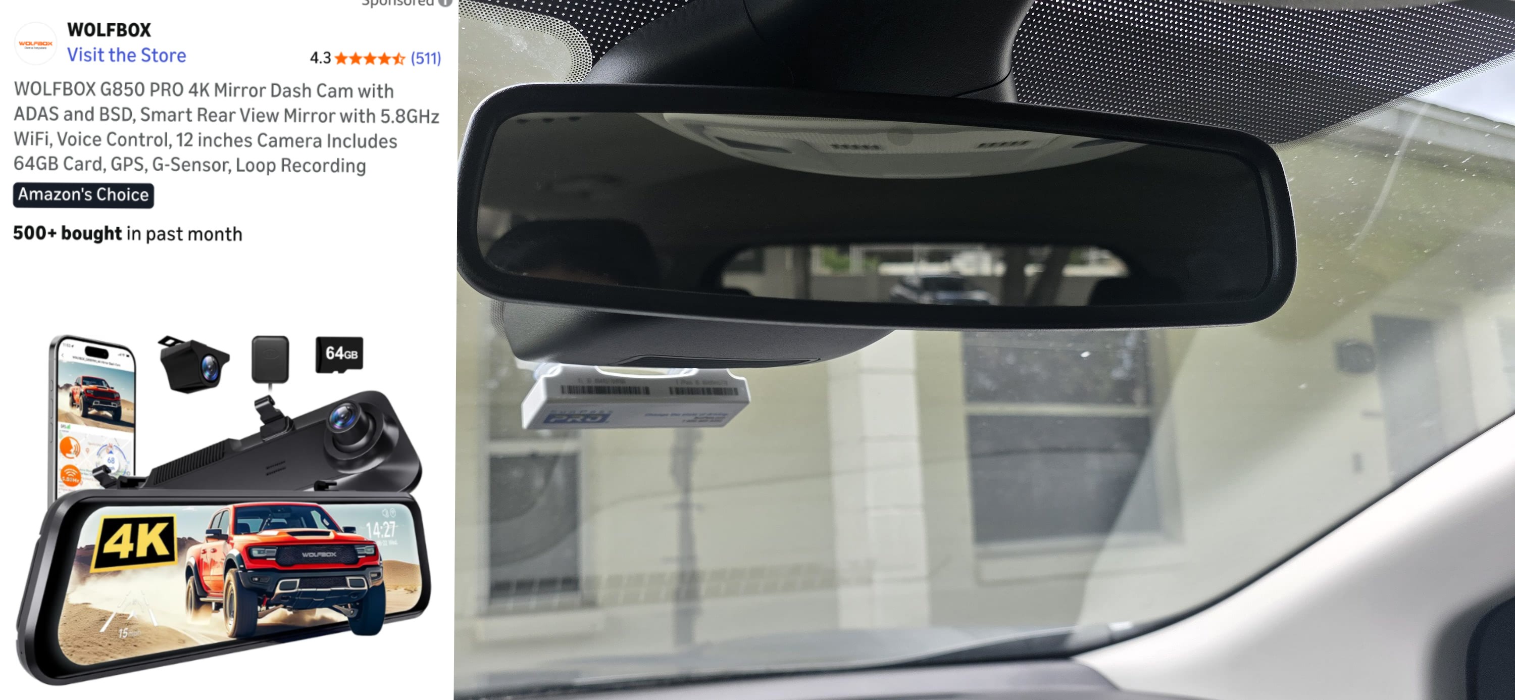 WOLFBOX G850PRO 4K Dash Cam Front And Rear - 12" LCD Screen, ADAS, 5.8GHz WiFi, Parking Monitor
