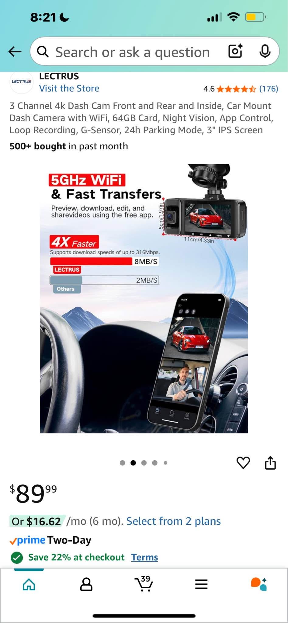 LECTRUS 4K 3-Channel Dash Cam - Front, Rear & Inside Camera With 64GB SD Card, 5G WiFi, Night Vision, Parking Mode