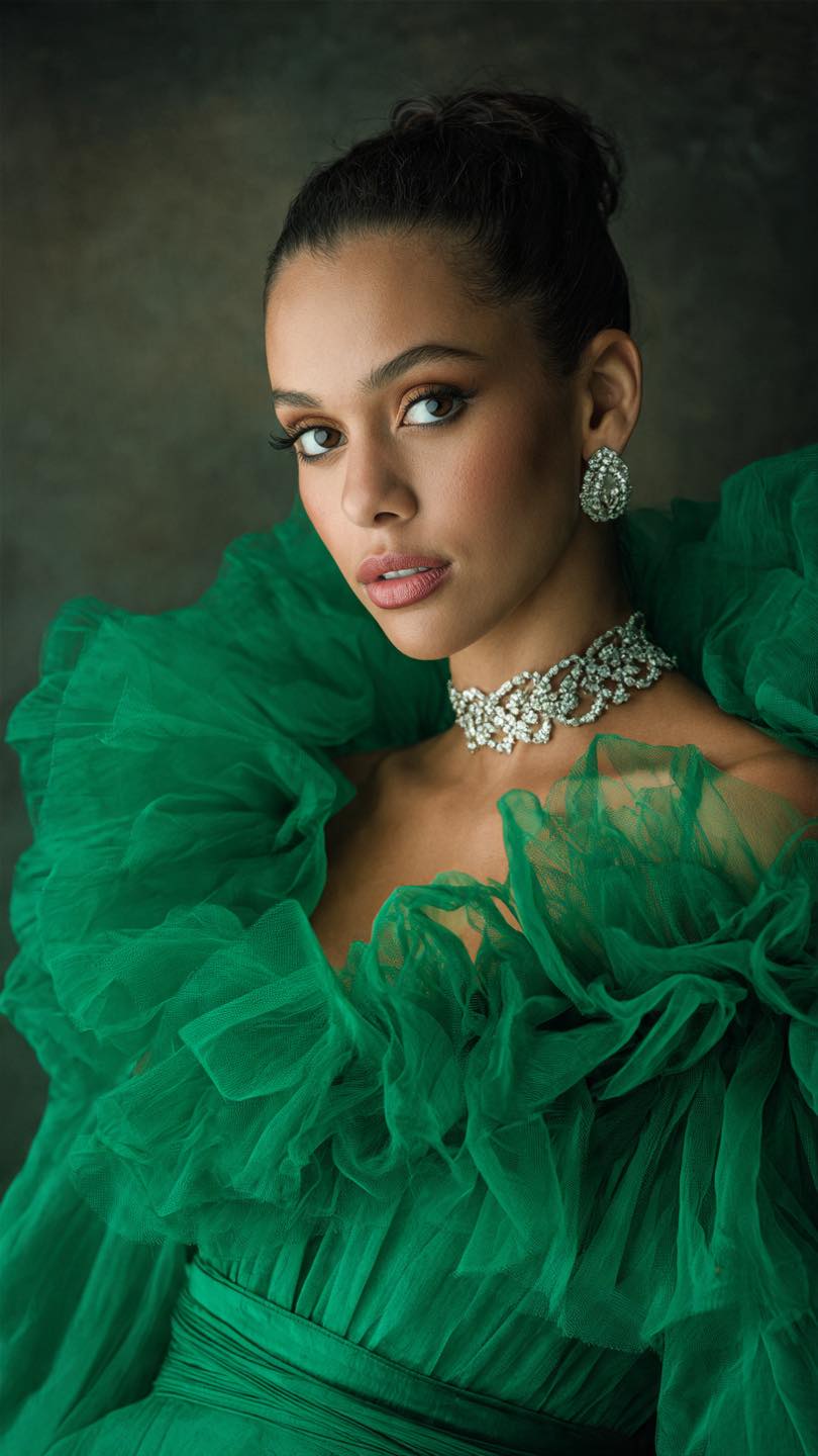 Gorgeous model in green designer dress with diamond jewelry