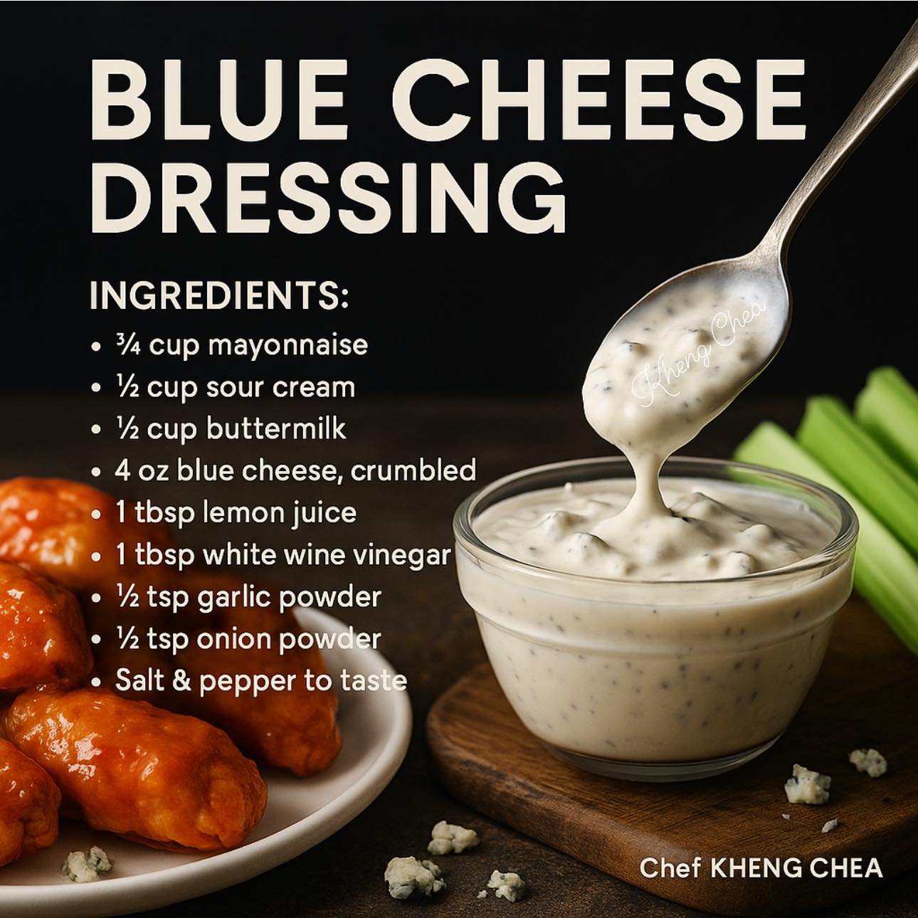 wingstop blue cheese dressing recipe Let's make the perfect for dipping your delicious Buffalo Chicken Wings! Here's the recipe: -Put all of these ingredients in a food processor. 5 ounces @castellousa blue cheese 1/4 cup Black dress-dr martens boots-phuckitfashion short sleeve Colour:White