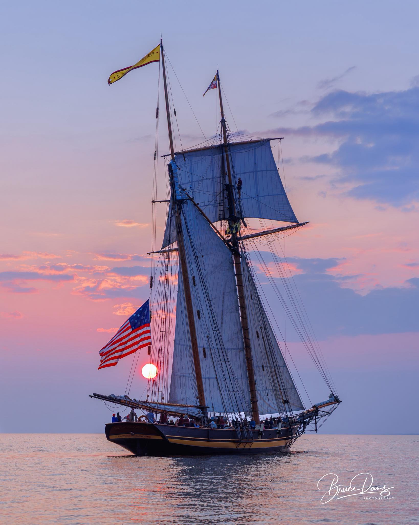 Pride of Baltimore II at sunset on Green Bay
