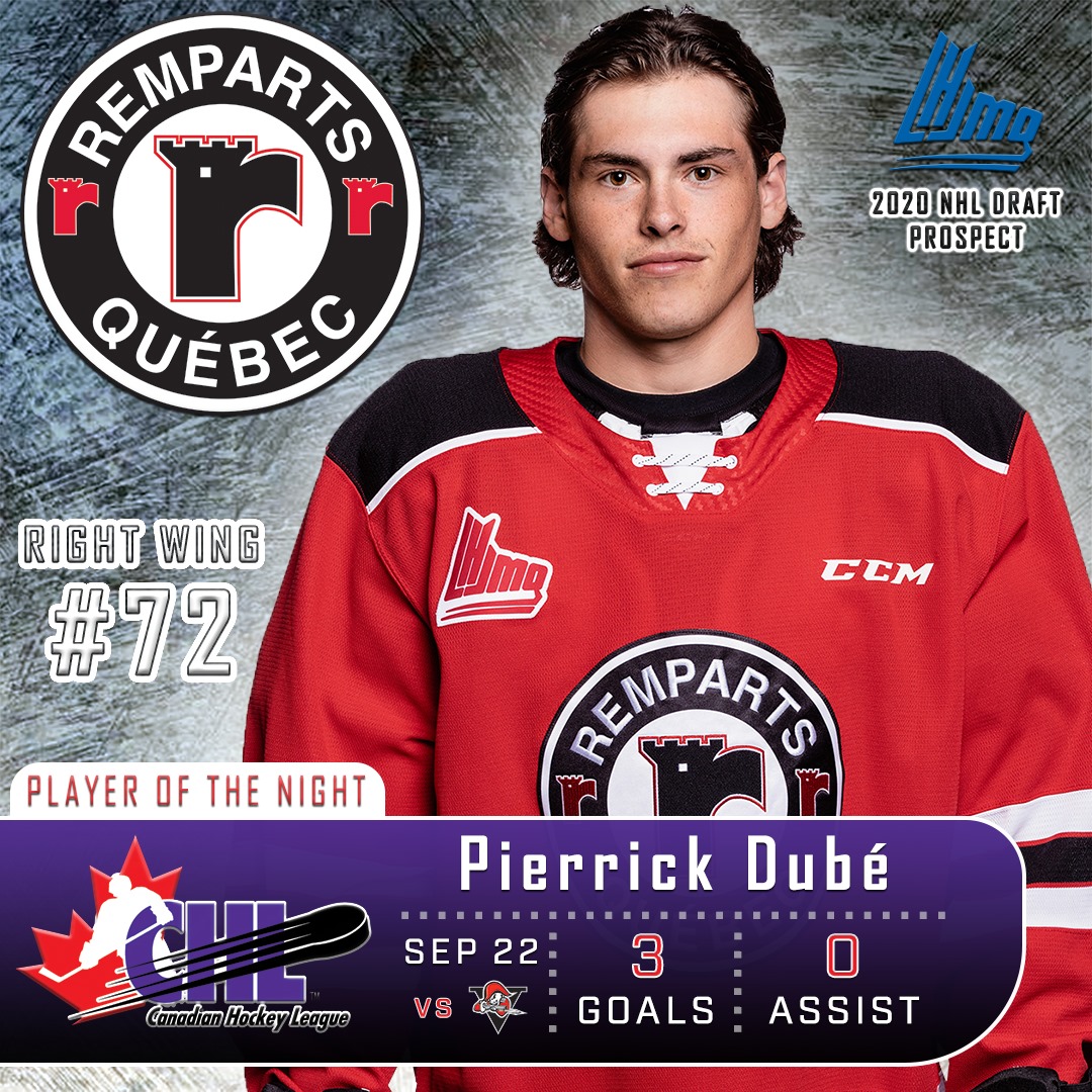 CHLPlayerOfTheNight Hats hit the ice as RW Pierrick Dubé scored three times  to power the Quebec Remparts to a 6-4 win versus Drummondville