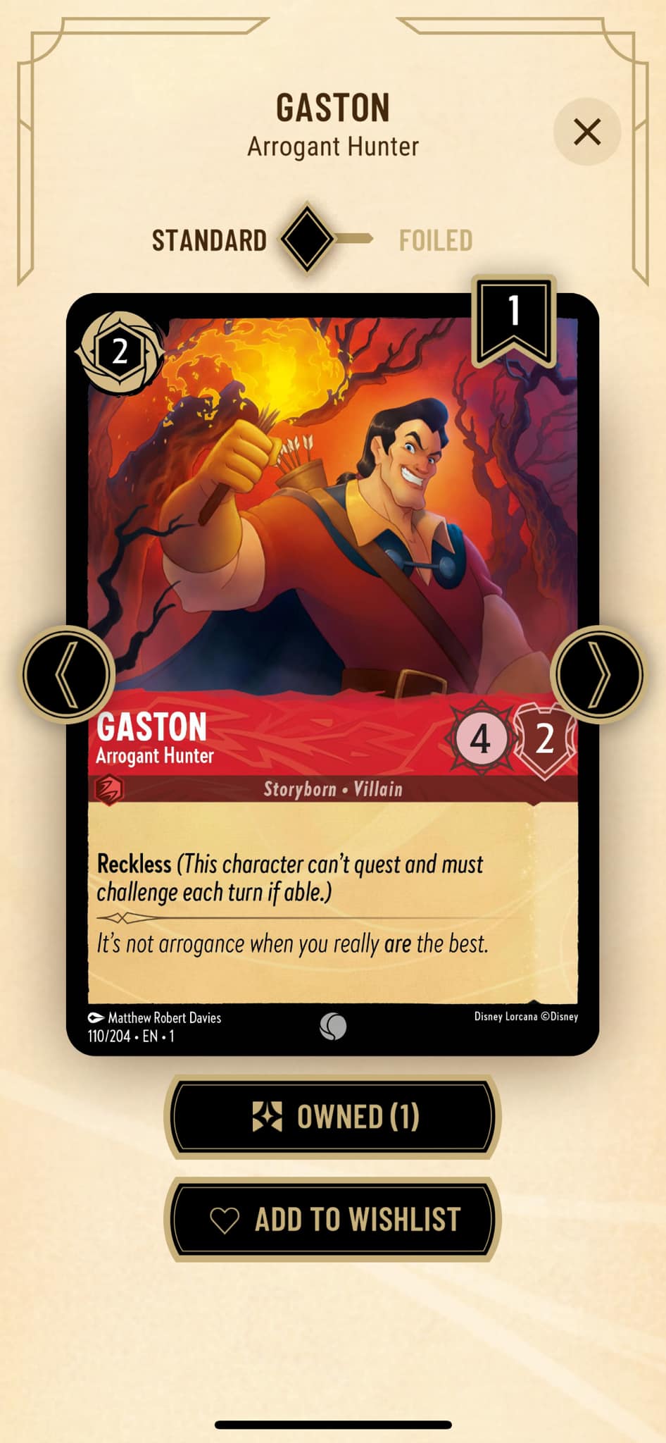 gaston lorcana card - (Intellectual Powerhouse) - 147/204 - Rare (Foil) The boastful hero Disney Lorcana Gaston - Arrogant
