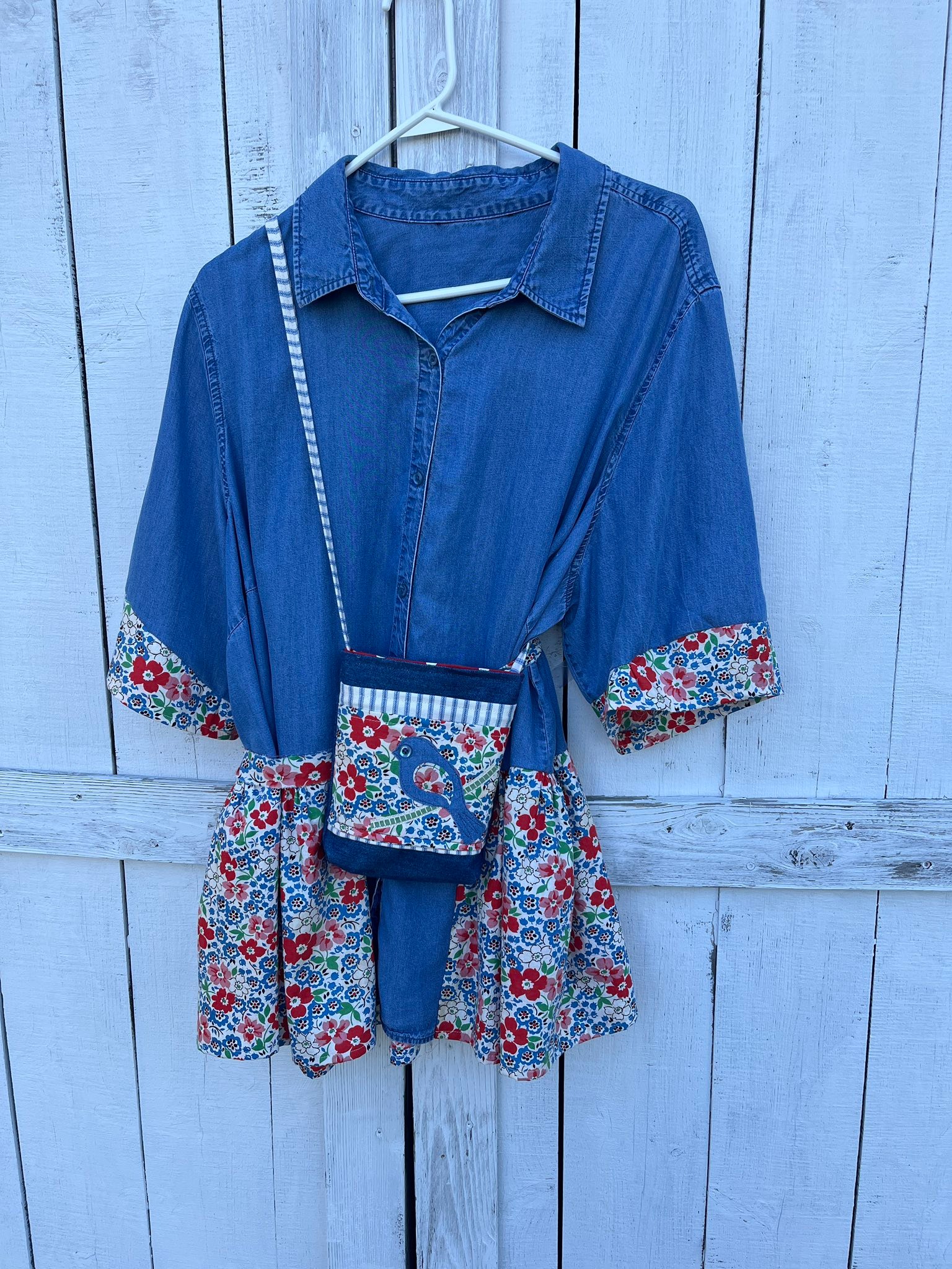 Upcycled denim shirt with ruffle addition