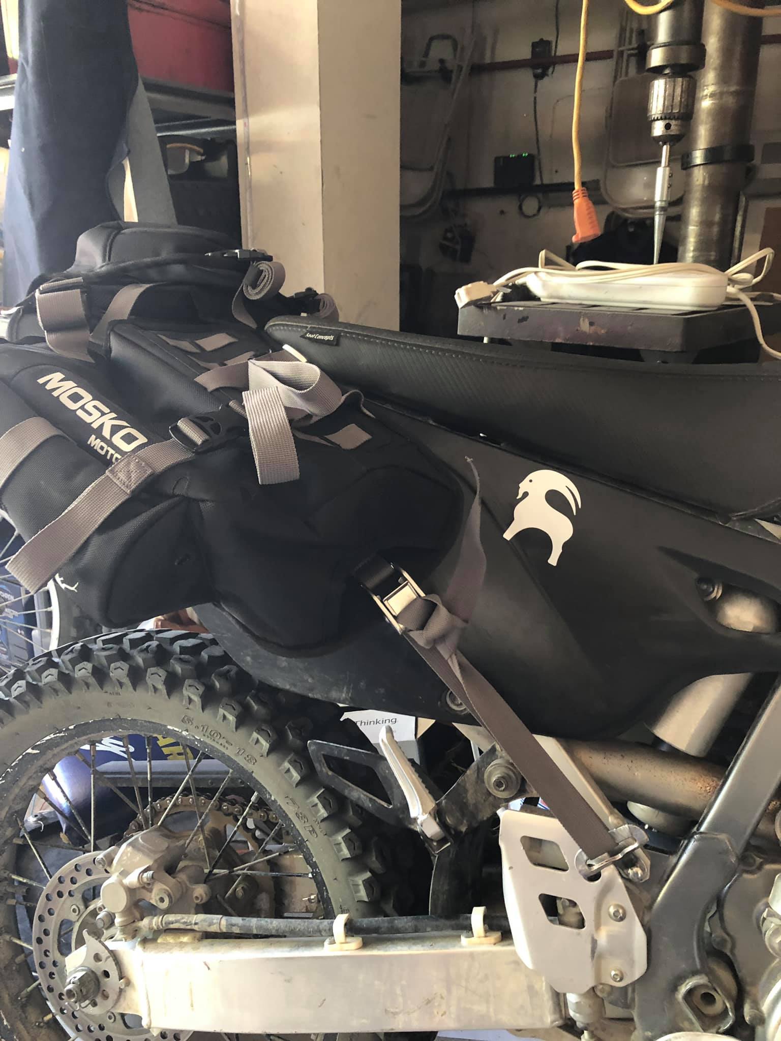 Reckless 40 mounted on DRZ400 with custom tiedown solution