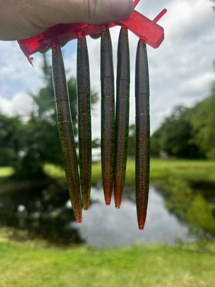 5 Esche Plastiche Watermelon Copper Flake Stick Baits Per Pesca Al Bass - 5 Pollici