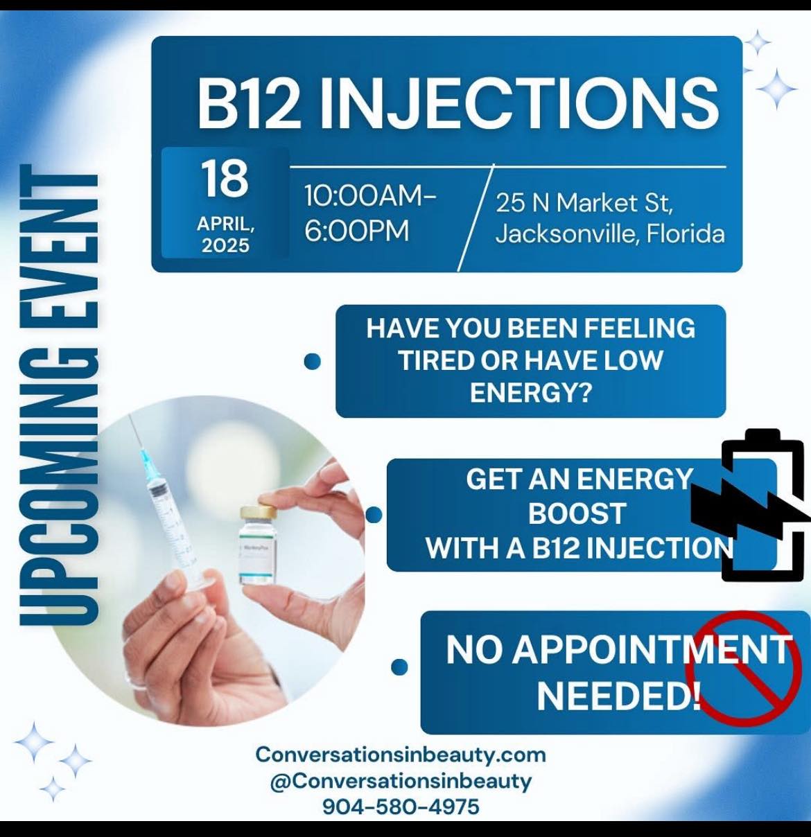 Jacksonville and surrounding areas… Please go see my sis Latasha Wiley Conversations In Beauty for your B12 shots! Gail Wiley