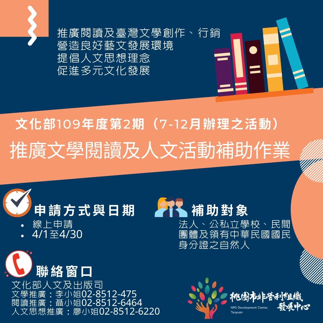 桃園市非營利組織發展中心 Npo補助資源 Npo資源平台 推廣文學閱讀及人文活動補助作業 第2期 文化部為推廣閱讀及臺灣文學創作 行銷 營造良好藝文發展環境 提倡人文思想理念 促進多元文化發展 補助活動辦理第2期申請資訊來囉 申請方式與期限 線上申請 4 1