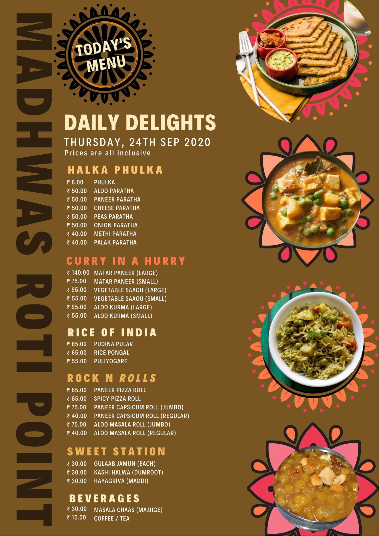Receive our Daily Menu here... - Madhwas Roti Point TM | Facebook
