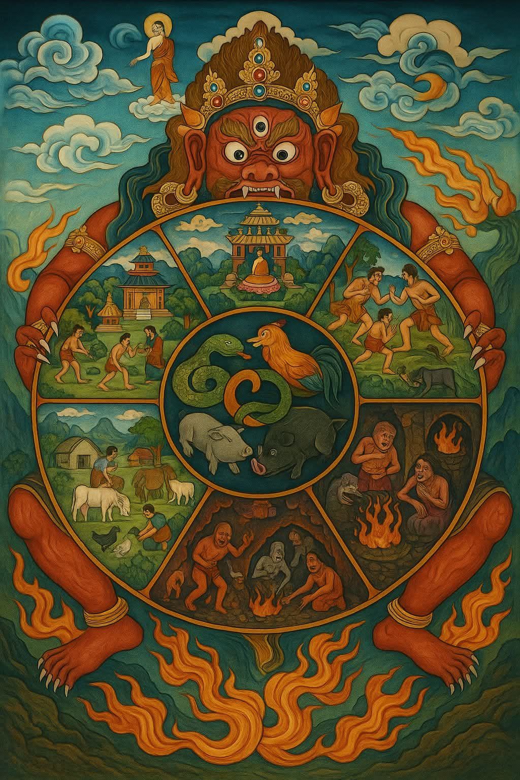 Beng - 這段話就是在提醒我們：六道輪迴並非神話，而是眾生隨業流轉的真相。中心的雞、蛇、豬所代表的貪、瞋、癡，就是人心的三毒，這正是我們 ...