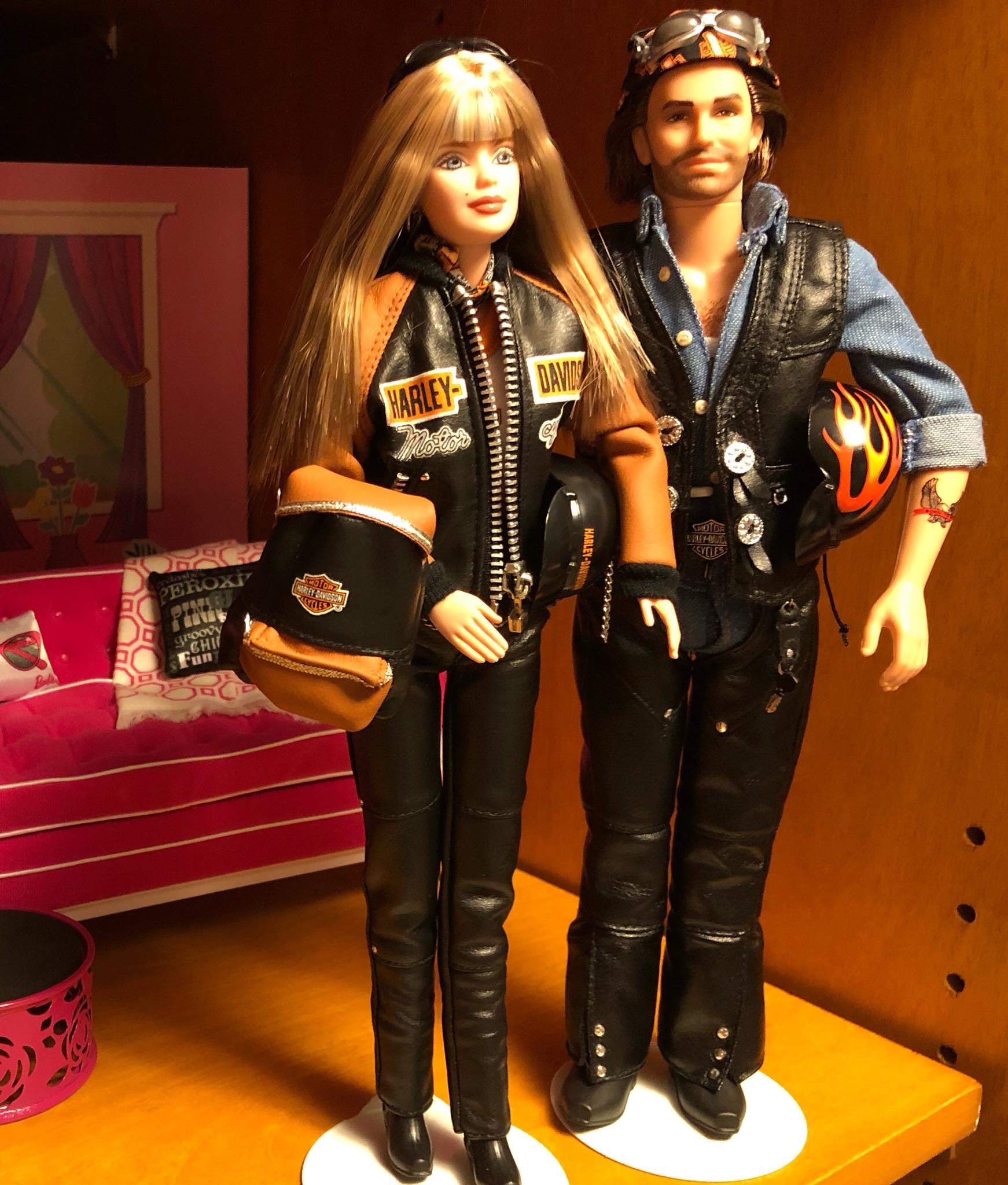 Displaying Harley Davidson Barbie and Ken with bike