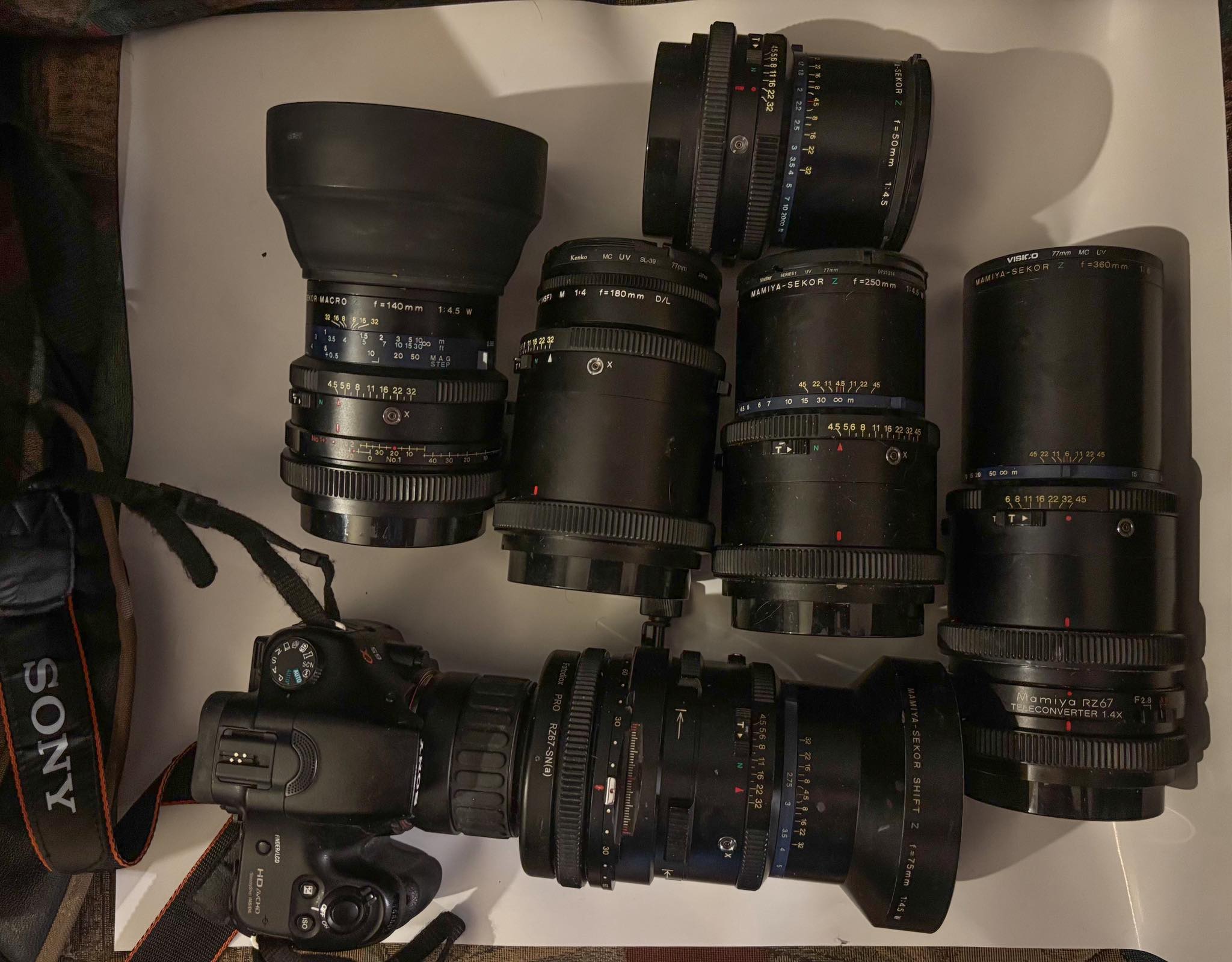 Mamiya RZ67 lenses with 1.4x teleconverter on Sony A-mount