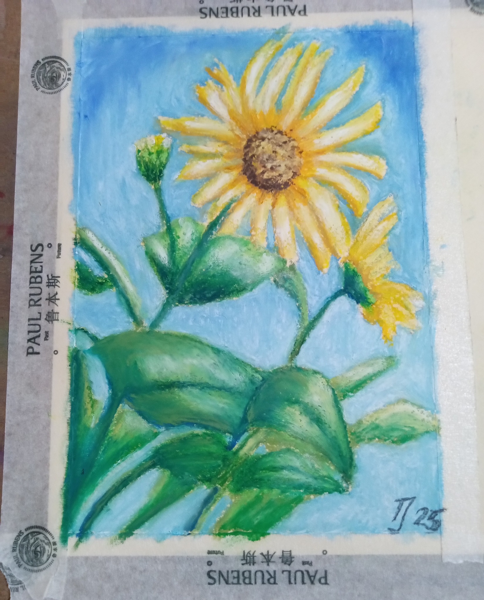 Sunflower ? Watercolor with oil pastels highlight. Was missing 