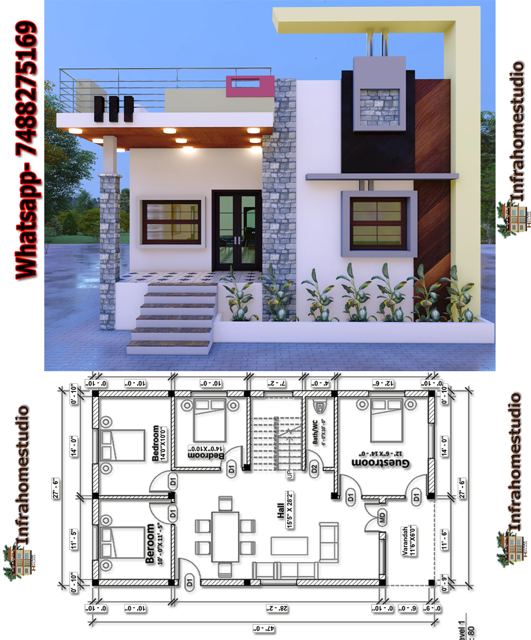 3BHK house plan with elevation design.... - Infra Home Studio
